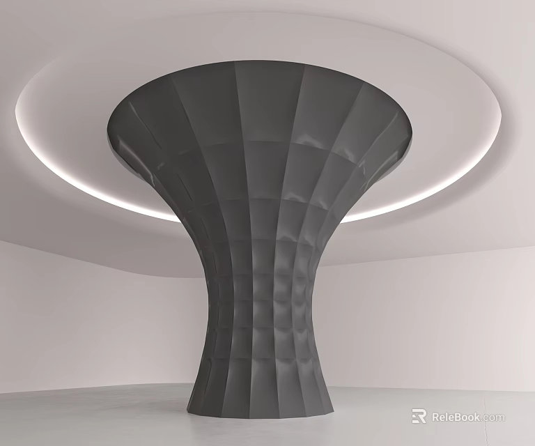 Black Pleated Texture Column in Modern Space With White Circular Ceiling and Ring Light 3d model 