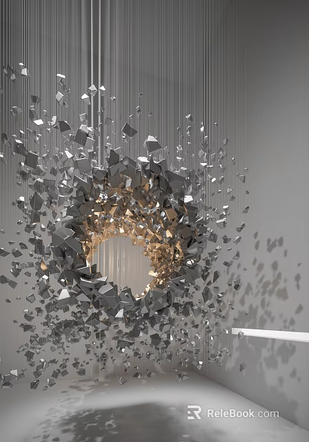 Gray and Gold Fragmented Modern Sculpture Exploding Outward with Circular Hollow Center and Hanging Lines 3d model