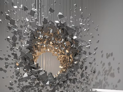 Gray and Gold Fragmented Modern Sculpture Exploding Outward with Circular Hollow Center and Hanging Lines 3d model