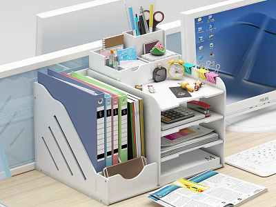 Organized Office Desk With White File Organizer Holding Colorful Folders And Stationery 3d model