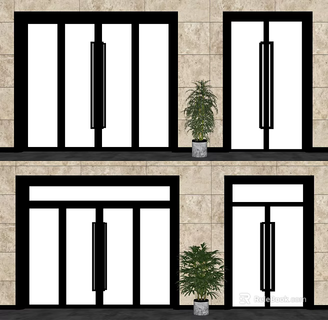 Building Exterior With Stone Wall Black Window Frames And Potted Plants On Windowsill 3d model