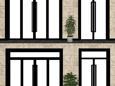 Building Exterior With Stone Wall Black Window Frames And Potted Plants On Windowsill 3d model