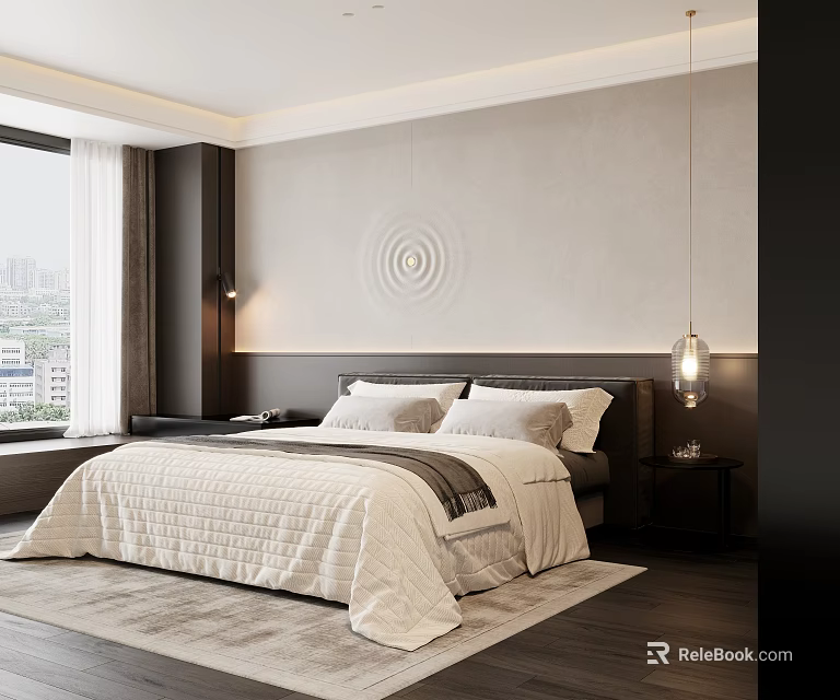 Modern Bedroom Interior Design With Bedhead Wall Circular Pattern Window City View Hanging Lamp 3d model