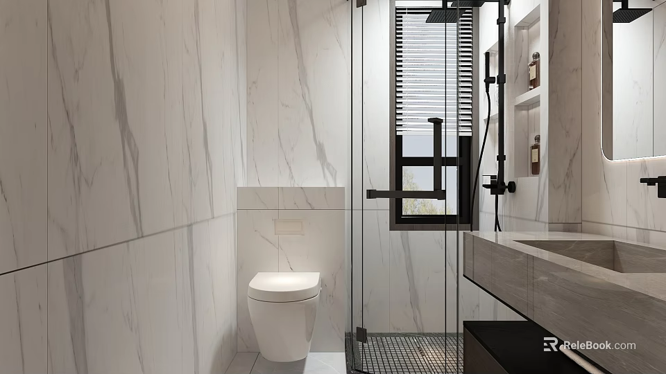 Sleek Modern Bathroom Interior With White Marble Walls Glass Shower Vanity And Toilet 3d model 