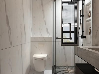 Sleek Modern Bathroom Interior With White Marble Walls Glass Shower Vanity And Toilet 3d model