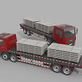 Two Red Functional Trucks Loaded With Wooden Pallets On Flatbed Trailers 3d model