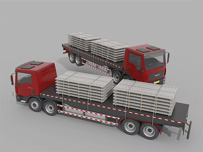 Two Red Functional Trucks Loaded With Wooden Pallets On Flatbed Trailers 3d model