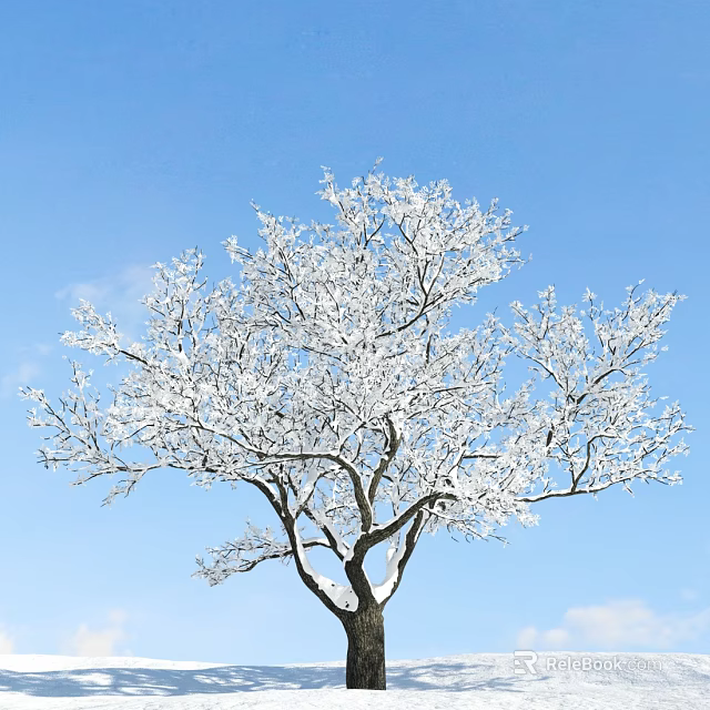 Snow-Covered Tree Branches Against Clear Blue Sky With White Clouds 3d model 