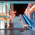 Vibrant Neon Lit Urban Building Area With Escalator Stairs And People Walking