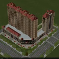 High Rise Residential Building with Red Roofs Surrounded by Green Lawns Trees and Roads