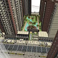 Modern High Rise Residential Complex With Surrounding Low Rise Buildings Street Parking And Green Space