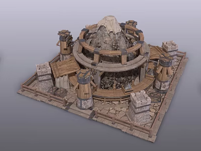 Ancient Circular Building Structure With Stone Wooden Platform And Rock Pillars 3d model