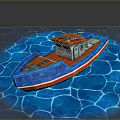 Red And Blue Wooden Boat Floating On Blue Rippled Water Surface