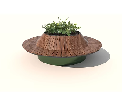 Modern Garden Ornament With Circular Wooden Design And Green Base With Fresh Foliage 3d model