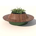 Modern Garden Ornament With Circular Wooden Design And Green Base With Fresh Foliage