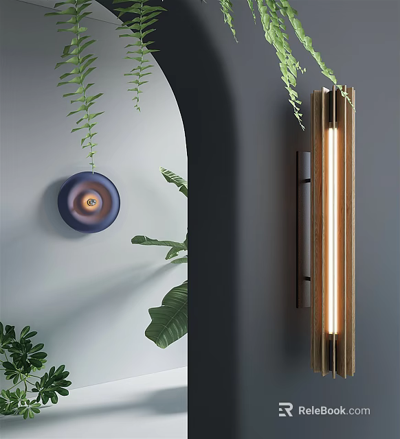 Modern Wall Lamp with Wooden Frame and Warm Light Near Green Plants on White Wall 3d model 