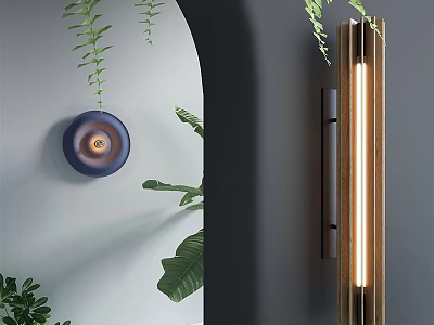 Modern Wall Lamp with Wooden Frame and Warm Light Near Green Plants on White Wall 3d model