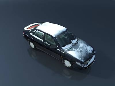 Black Sedan Car Covered With Snow On Dark Reflective Background 3d model