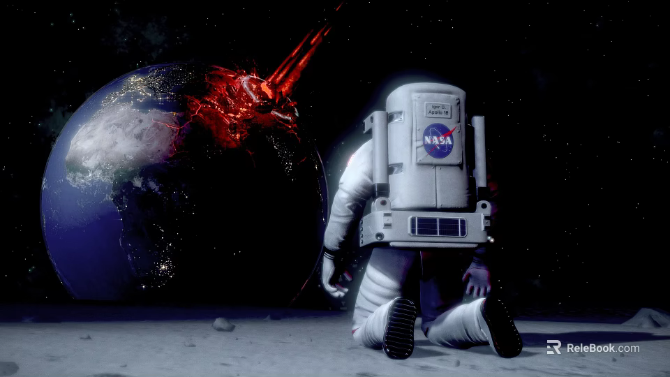 NASA Astronaut Kneeling On Lunar Surface With Earth View And Red Flare 3d model 