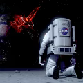 NASA Astronaut Kneeling On Lunar Surface With Earth View And Red Flare