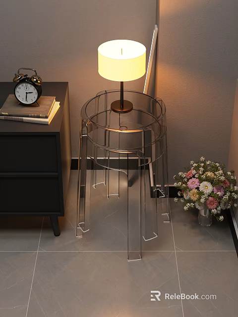 Transparent Acrylic Stool With Lamp Nightstand Alarm Clock Books And Flowers 3d model 