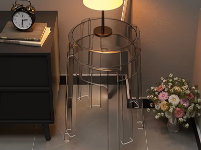 Transparent Acrylic Stool With Lamp Nightstand Alarm Clock Books And Flowers 3d model