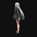 Woman With Silver White Hair Wearing Black Coat Long Sleeves Short Skirt High Heels