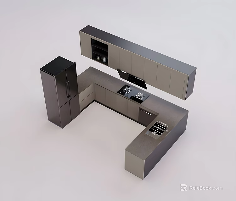 Modern Kitchen Cabinets With L Shaped Layout Wall And Base Units 3d model
