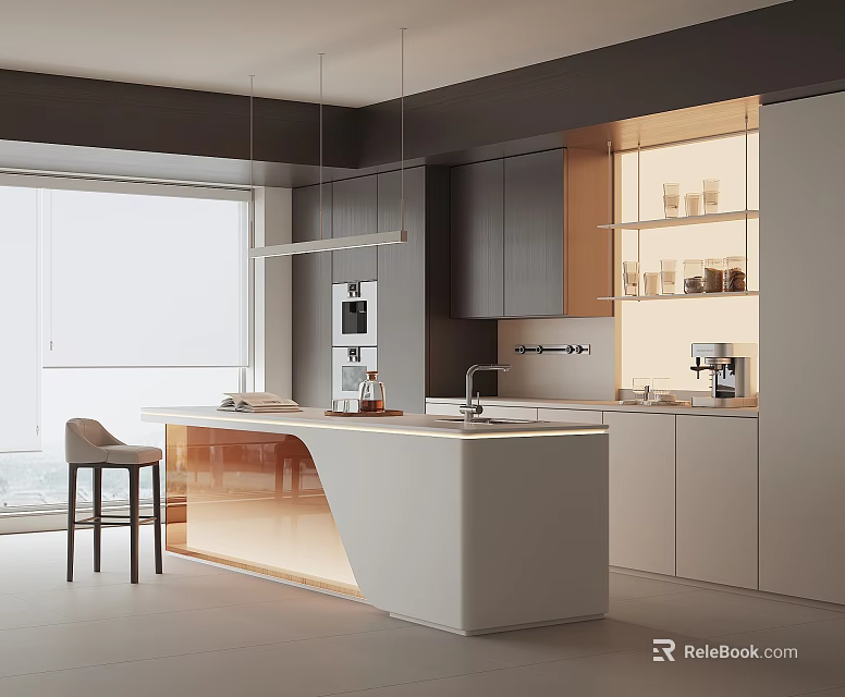 Modern Restaurant Kitchen Interior Design With White Island And Stainless Steel Appliances 3d model 