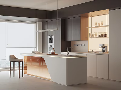 Modern Restaurant Kitchen Interior Design With White Island And Stainless Steel Appliances 3d model