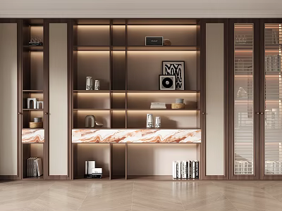 Modern Bookcase Interior Design With Layered Shelves Marble Countertop And Decorative Items 3d model
