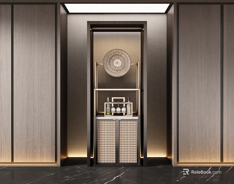 Modern Wine Cabinet With Wooden Panels Ambient Lighting And Decorative Plate 3d model 