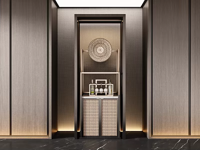 Modern Wine Cabinet With Wooden Panels Ambient Lighting And Decorative Plate 3d model