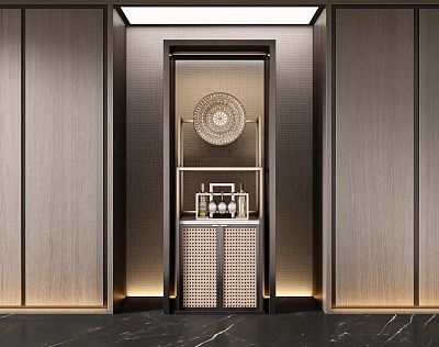 Modern Wine Cabinet With Wooden Panels Ambient Lighting And Decorative Plate 3d model