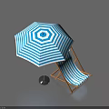 Blue and White Striped Outdoor Umbrella with Wooden Beach Chair for Summer