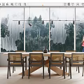 Modern Dining Table Set Interior With Large Windows Forest View And Raindrops 3d model