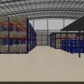 Spacious Warehouse Interior With Blue Metal Shelves And Neatly Stacked Boxes