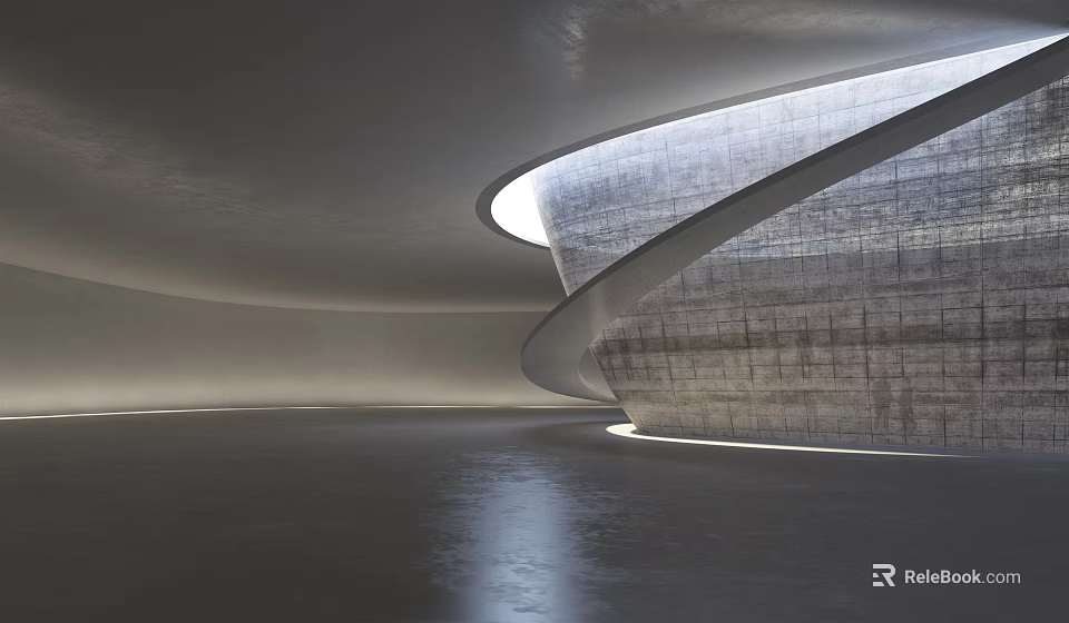 Modern Exhibition Hall Design With Curved Concrete Structure And Lighting Effects 3d model 