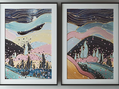 Two Framed Abstract Decorative Paintings Featuring Wavy Lines And Colorful Sections 3d model