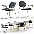 Modern Rectangular Dining Table Set With Grey Upholstered Chairs And Gold Metal Frames 3d model