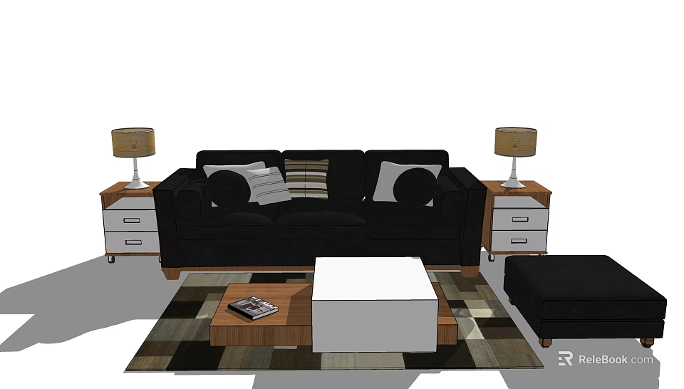Modern Black Sofa And Coffee Table Set With Side Tables Lamps And Rug 3d model