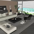 Modern Living Room Beige Sofa With Multiple Cushions And Black Coffee Table Set 3d model
