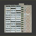 High Rise Residential Building Featuring Green Vertical Strips Red Diamond Patterns Multiple Windows and Balconies