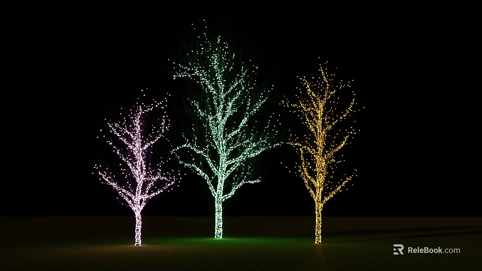 Decorative Colorfully Lit Trees With Pink Green Yellow String Lights At Night 3d model 