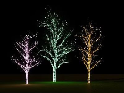 Decorative Colorfully Lit Trees With Pink Green Yellow String Lights At Night 3d model