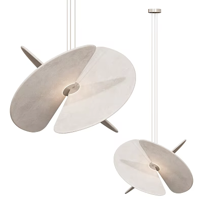 Two Modern Circular Pendant Lights With Ivory Fabric Shades And Metal Accents For Interior Decor 3d model