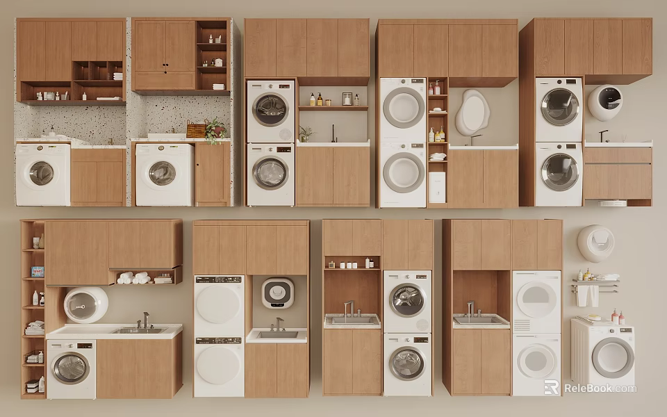 Modern Laundry Room Designs With Wooden Cabinets Washing Machines And Storage 3d model 