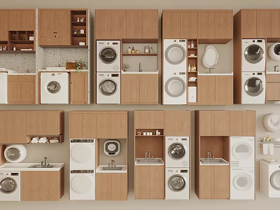 Modern Laundry Room Designs With Wooden Cabinets Washing Machines And Storage 3d model