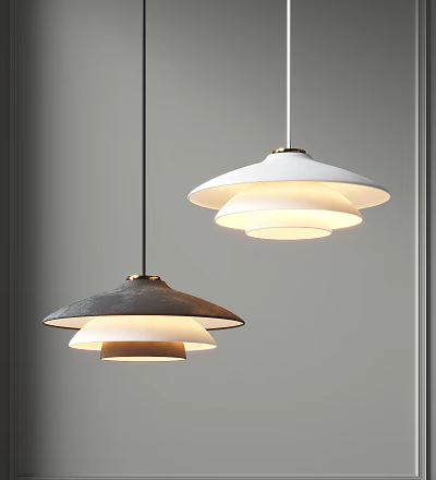 Modern Layered Pendant Lights In Black And White Hanging On Gray Wall 3d model
