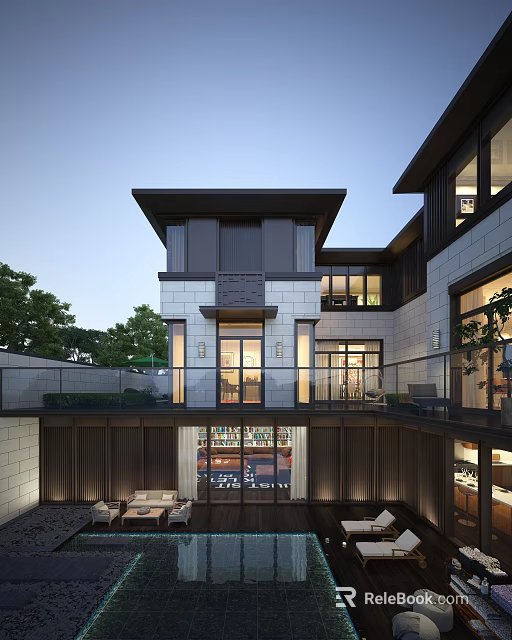 Modern Garden Landscape Design With Courtyard Green Plants Terrace And Architectural Lighting 3d model 